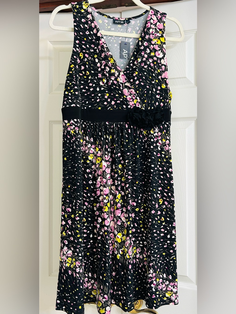 Apt. 9 Black Floral V-Neck Midi Dress with Pink & Yellow Print.  New With Tags